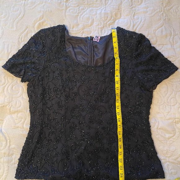 Occasions Cropped Beaded Black Flowers Silk Top Size L - Picture 4 of 5
